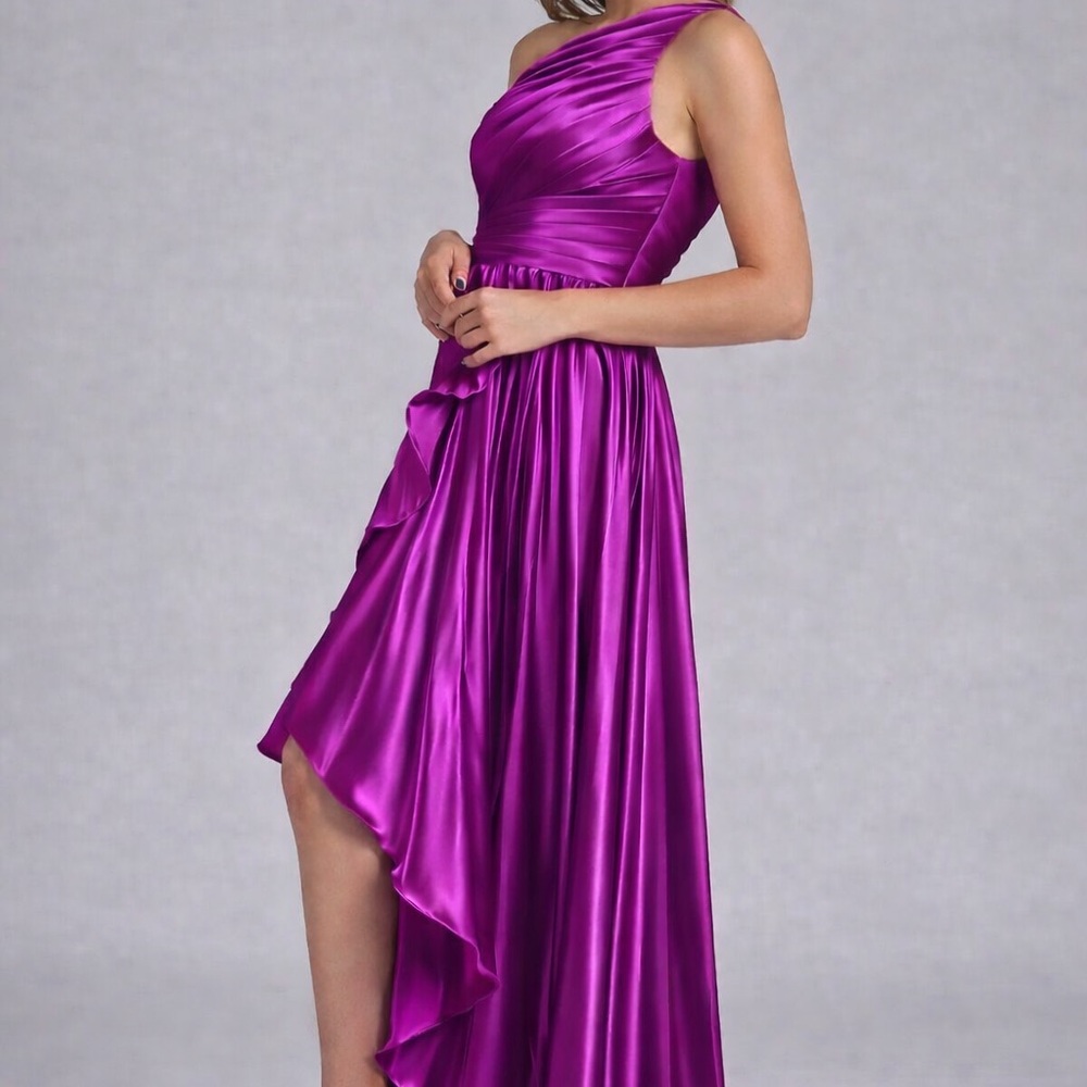 One-Shoulder Fuchsia Ruffled High-Low Evening Gown - Picture 3 of 5